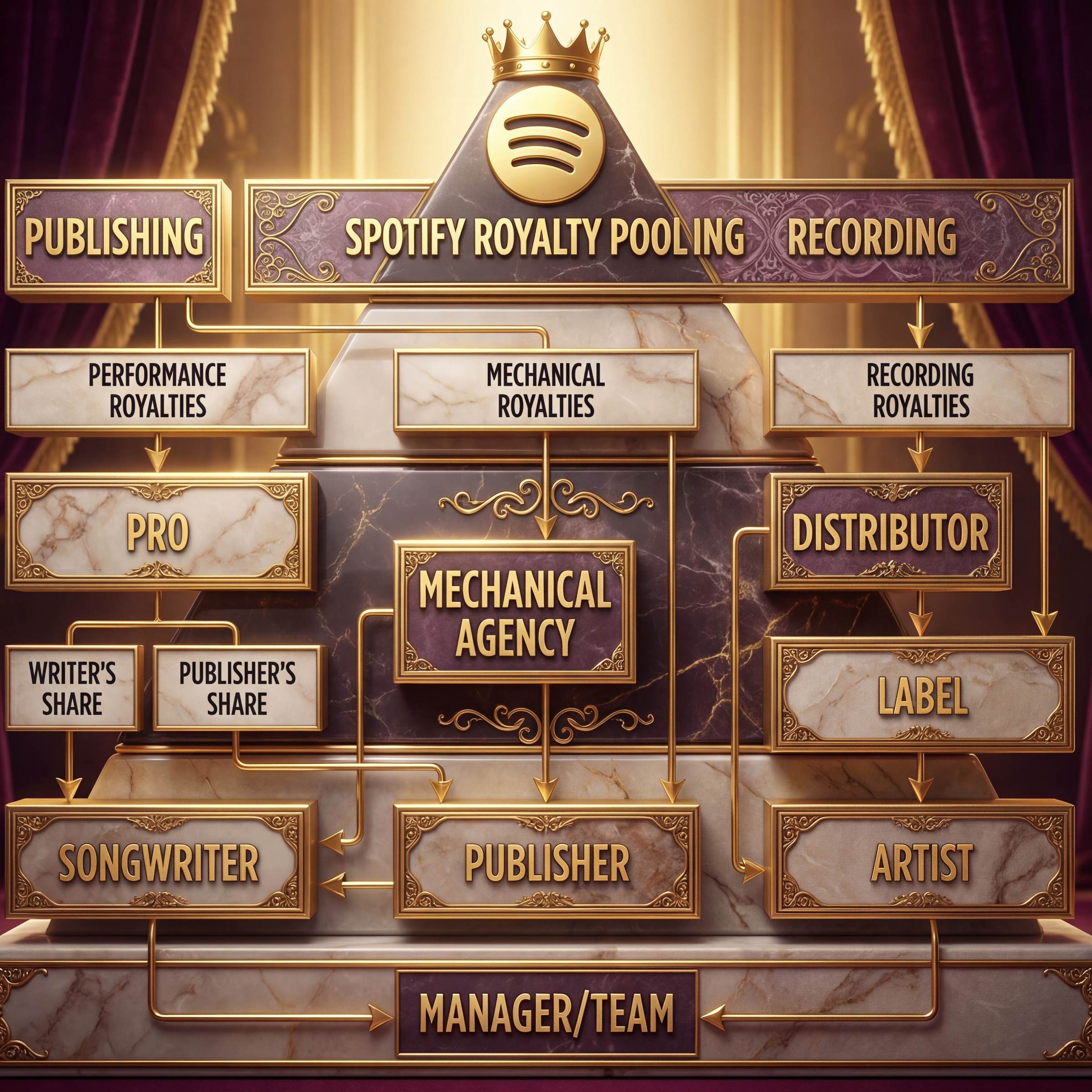 Spotify Royalty Payment Waterfall Diagram - How streaming royalties flow from Spotify to artists